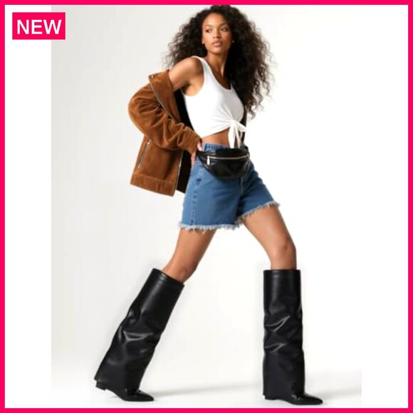 Knee High Wedge Heel Boots Slouchy Fold Over Wide Calf Zipper - Picture 6 of 7